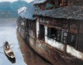 Familias en River Village Shanshui paisaje chino